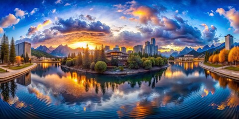 Fototapeta premium Panoramic View of a Cityscape with a Mountain Range and a Lake Reflection, landscape , cityscape , mountains , reflection