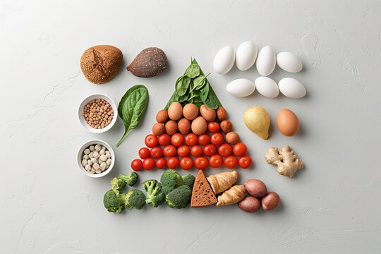 food pyramid with real food items, Infographic-style, arranged in their respective categories, surrounded by text explaining portion sizes and nutritional values