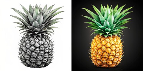 Pineapple Split Pencil Sketch vs. Realistic, Pineapple , Tropical Fruit ,  Fruit Art ,  Black and White