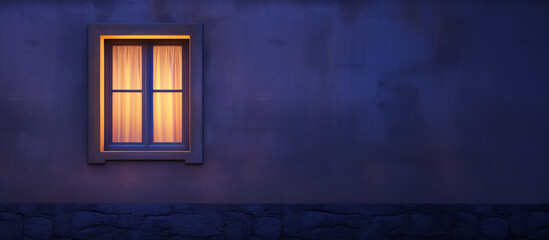 Window with light on a street wall at night