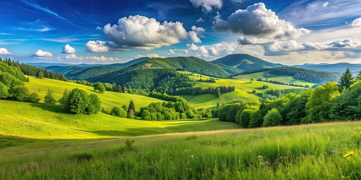 Beautiful summer mountain landscape with a green meadow and blue sky at Polonina Wetlinska, Bieszczady, Carpathians