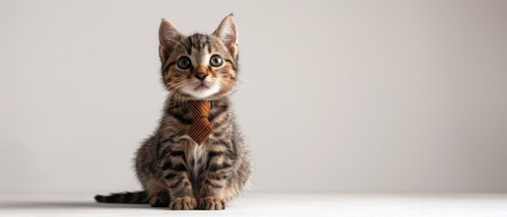 Adorable Tabby Kitten Wearing a Bow Tie Sitting on White Surface Against Plain Background