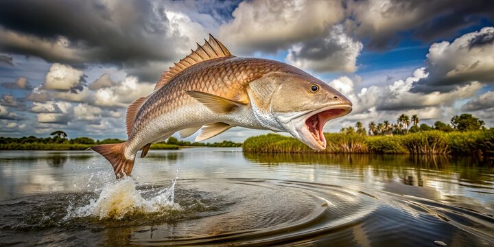 Redfish Leaping From The Water, Dramatic Sky, Fish Jumping,  Redfish, Louisiana, Nature, Wildlife