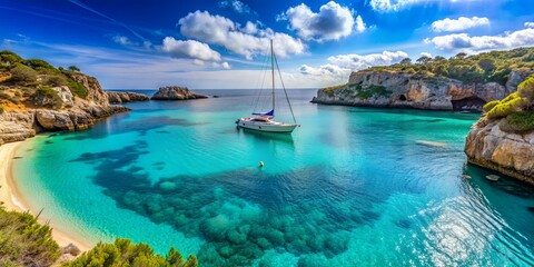 Secluded Bay with Sailboat in Crystal Clear Water, Cliffs, Beach, Summer ,  Greece,  Mediterranean,  Island