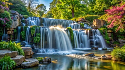 Obraz premium Serene Waterfall Cascading Through Lush Greenery, Long Exposure, Vibrant Colors, Tranquil Nature, Waterfall, Nature, Photography