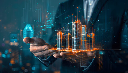 Businessman holding a virtual hologram of real estate buildings or a building model on a dark background, representing a technology and architecture concept. 