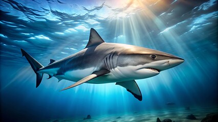 Fototapeta premium Shark Silhouette in Sunlit Ocean Depths, ocean, underwater, shark, predator