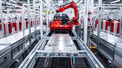 A high-tech production line for electric vehicles, featuring robotic assembly, battery installation, and automated quality checks.