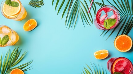 Naklejka premium A flat lay of refreshing summer drinks, citrus fruit slices, and palm leaves on a blue background.