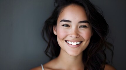 Naklejka premium Big bright white smile headshot with a beautiful brunette woman sincere happy cheerful positive expression. 