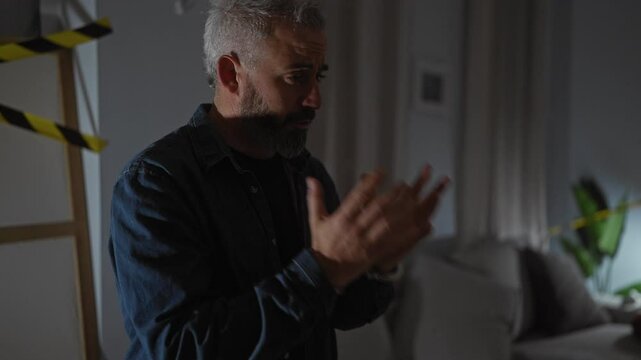 A distressed man in handcuffs within a dimly lit domestic setting, hinting at a crime scene investigation.