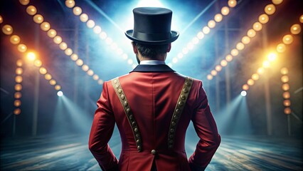 The Ringmaster's Back,  A portrait of a ringmaster in a red jacket, top hat, and  golden trimmings, standing on stage with  a spotlight shining on him.
