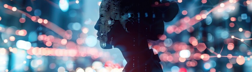 Digital network interface close up, focus on, copy space Interactive screen, Double exposure silhouette with innovation