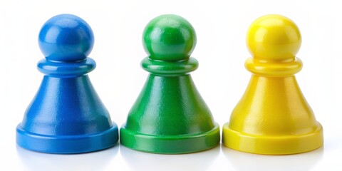 Three Colorful Wooden Chess Pieces on a White Background, blue, green, yellow, game, strategy, play