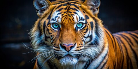 Obraz premium Tiger's Gaze A Close-up of a Majestic Bengal Tiger with Striking Blue Eyes, tiger , bengal tiger , animal portrait , wildlife photography