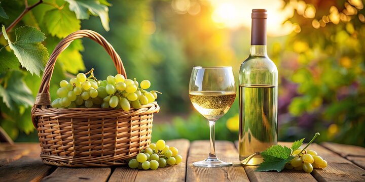 Vineyard Sunset White Wine, Grapes, and Wicker Basket, white wine, vineyard, summer, drink