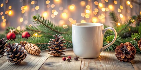 Warm Winter Mug with Pine Cones, Christmas Ornaments, and Festive Lights, Christmas , Winter , Cozy , Mug