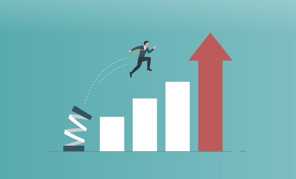 Confident businessman jumping from springboard to back to the top of growing bar graph, stock market rise, highest point, economic prosperity, business profit growth