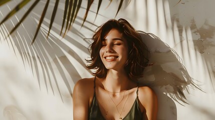 Cheerful young attractive woman in stylish dark-green top enjoys sunny weather, poses near white wall with palm leaf shadow and smiles. 