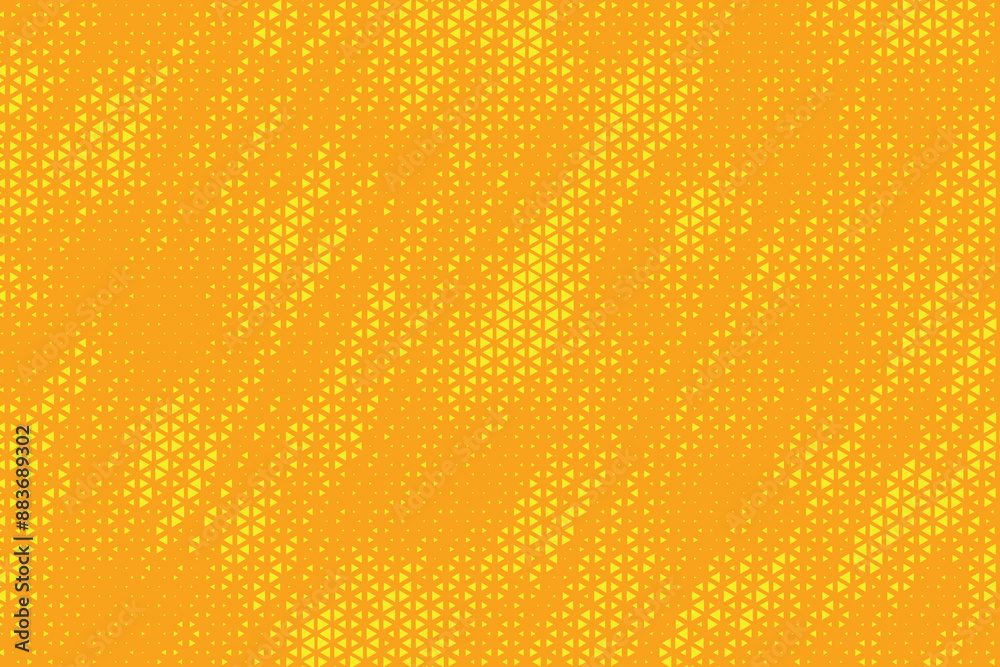 Poster Triangular halftone texture retro wave vector. Geometric abstract diagonal dotted yellow background. Half tone triangles retro comic pattern. Minimal 80s style dynamic tech structure wallpaper. 