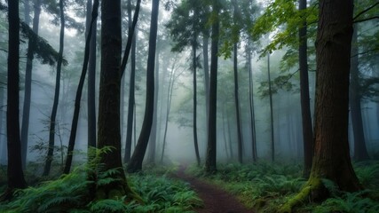 Fototapeta premium Misty morning in a mystical forest, enchanting and serene, evoking peace and tranquility