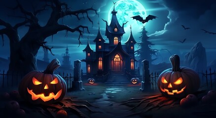 Halloween Night Background with Pumpkins and Haunted House