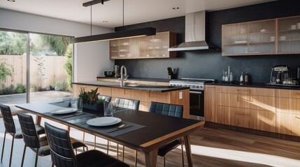 Fototapeta premium Modern kitchen interior with dark granite counters and stainless steel appliances, single family home in California