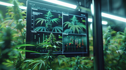 A high-tech computer screen that displays detailed data and diagrams for growing indoor plants indoors