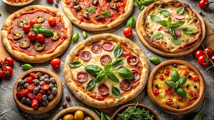 Fototapeta premium Variety of delicious pizzas with different toppings and crusts , pizza, dough, pepperoni, margherita, deep dish, thin crust
