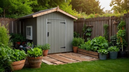 Rustic garden shed with tools hanging on the walls, surrounded by lush greenery and potted plants