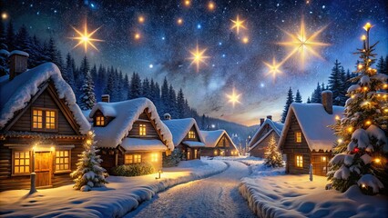 Cozy Christmas night in a village with snow-covered cottages, twinkling lights, and a starry sky , winter, holiday, village, Christmas