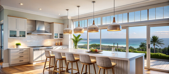 Fototapeta premium Coastal style kitchen with pendant lights and ocean view