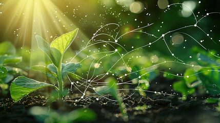 A futuristic digital landscape of growing plants with icons and graphs representing the use of artificial intelligence in agriculture
