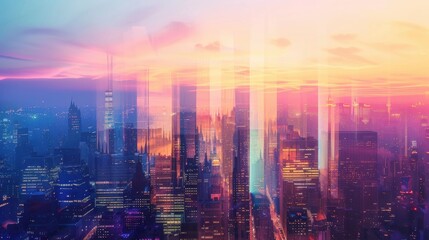 Fototapeta premium City skyline at sunset close up, focus on, copy space Vibrant colors, Double exposure silhouette with urban elements