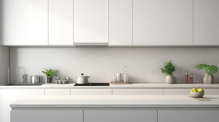 Fototapeta premium Modern white kitchen with counter and white details, minimalist interior, Full set of kitchen equipment, pan, pot, electric hob, flipper, vegetable, fruit