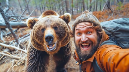 a funny man taking a selfie with a brown bear