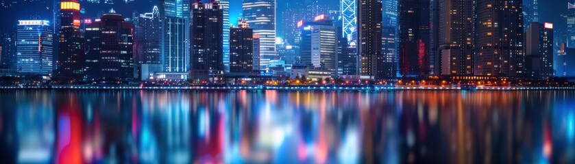 Fototapeta premium Financial district at night close up, focus on, copy space City lights, Double exposure silhouette with economic power