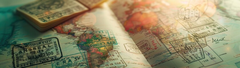 Passport with stamps close up, focus on, copy space Travel history, Double exposure silhouette with global journey