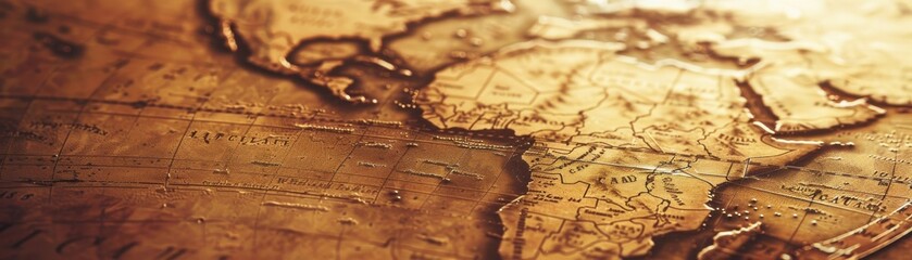 Antique world map close up, focus on, copy space Vintage cartography, Double exposure silhouette with history