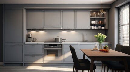 Real showcase interior of small modern trendy gray kitchen, drawrs retracted to show inside