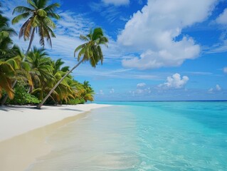 idyllic tropical beach with crystal clear turquoise water swaying palm trees and pristine white sand