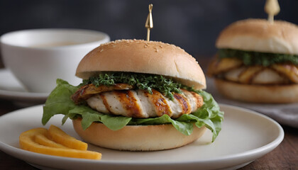 closeup of a grilled chicken sandwich on a plate