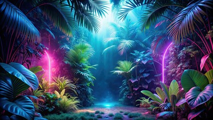 Neon-lit jungle at night, neon, jungle, night, trees, colorful, vibrant, surreal, glowing, darkness, foliage, tropical