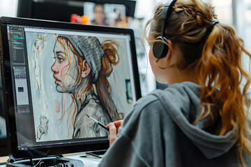 Creative student wearing headphones, designing detailed digital artwork on a computer, focused on her screen.
