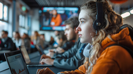 Fototapeta premium Students with headphones concentrate on laptops during a lecture, engaging in digital learning in a university classroom.