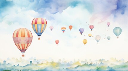 Obraz premium Dreamy Watercolor Hot Air Balloons Floating in Whimsical and Colorful Sky
