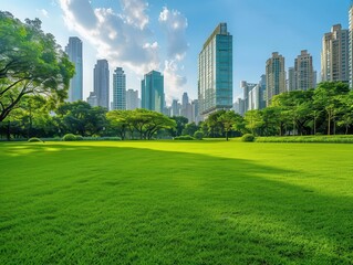 Obraz premium lush green urban park with manicured lawn stretching towards city skyline serene oasis amidst bustling metropolis perfect for relaxation and outdoor activities