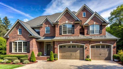 Luxury house exterior with brick, siding trim and double garage, Luxury, house, exterior, brick, siding, trim, double garage