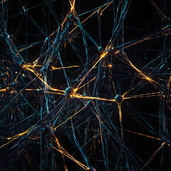 A network of glowing nodes and lines connecting across a dark abstract background, concept, with copy space 