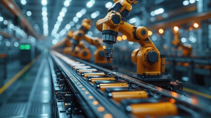 Automated Assembly Line in Factory. Automated assembly line in a factory with robotic arms, highlighting the integration of technology and efficiency in manufacturing.